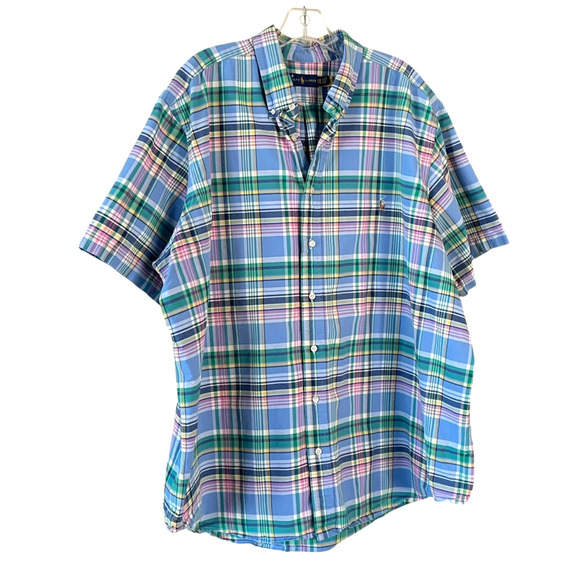 RALPH LAUREN Men's Size 2XB Blue Plaid Short Sleeve Pony Logo Button Down Shirt - Picture 7 of 7